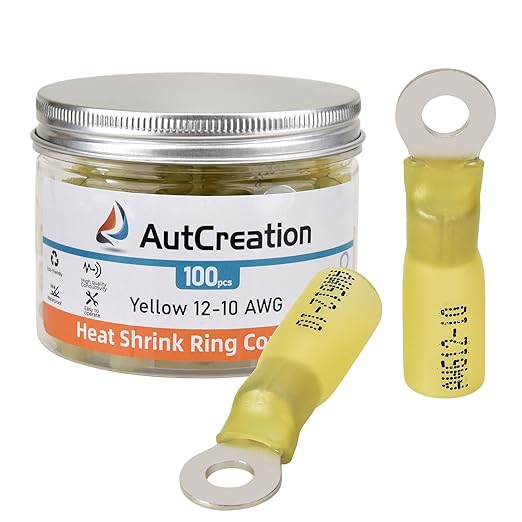 AutCreation 100PCS Heat Shrink Ring Terminals #8 Yellow 12-10 AWG Marine Grade Electrical Wire Connectors, Tinned Red Copper Resistant Ring Connectors, Insulated Waterproof Crimp Terminals