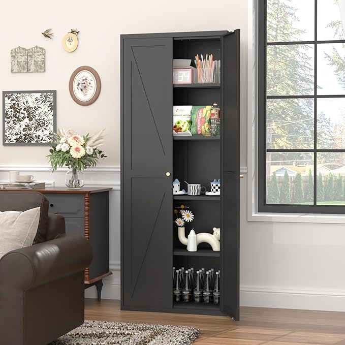 GREATMEET 71" Tall Storage Cabinet, Farmhouse Food Pantry Cabinet, Black Metal Kitchen Cupboard with Doors for Garage, Dining Room, Living Room and Laundry