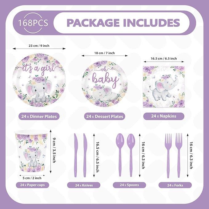 168 Pcs Purple Elephant Baby Shower Decorations It's A Girl Disposable Plates - Image 2