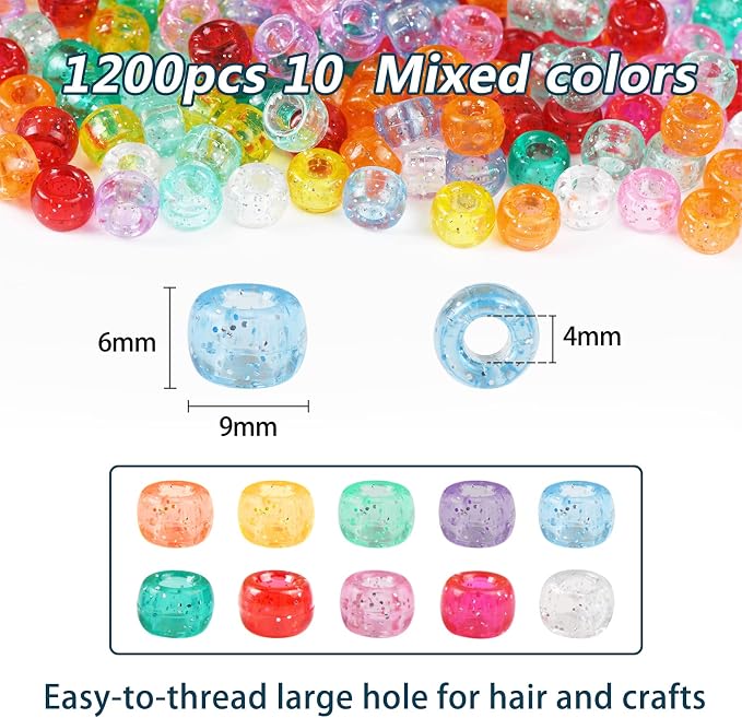 Simetufy 1200 pcs Pony Beads 6x9mm Glitter Clear Plastic Beads Transparent Beads - Image 3