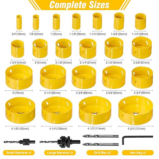 KATA Bi-Metal Hole Saw Kit, 28 Piece M42 Steel Hole Saw Set with 3/4" -4-3/4" (19-121mm), General Purpose Hole Saw Blades in Case with Arbors, Drill Bit, Hex Key for Thin Metal, Hard Wood, Drywall