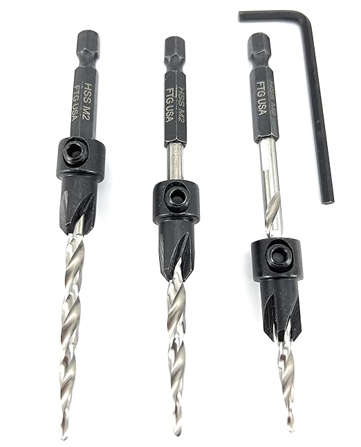 FTG USA Adjustable Wood Countersink Drill Bit Set 3 Pc #10 (3/16") with Tapered Drill Bits for Woodworking
