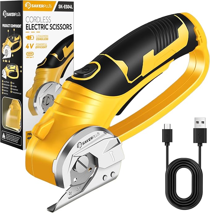 Cordless Electric Scissors, 4V Cardboard Cutter, Box Cutter Fabric Scissor with Safety Lock & LED Light, Rechargeable Power Rotary Cutters for Box Carpet Fabric Plastic Leather
