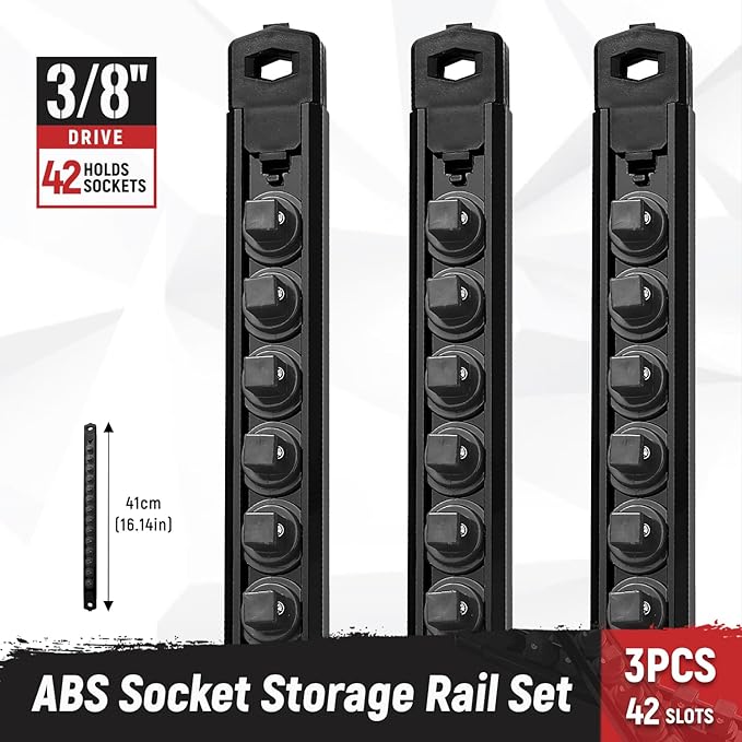 Magnetic Socket Organizer, 3-Piece Heavty Duty ABS Socket Holder, Socket Rail for Tool Box, Premium Quality 360° Swivel Socket Rack with 42 Clips for 3/8-Inch(Black)