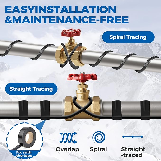 5W/FT 120V Pipe Heat Tape 30FT (3FT-200FT) - Freeze Protection Heating Cable for Metal/Plastic Water Pipes, Maintains Flow at -40°F