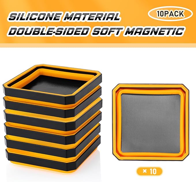 Barydat 10 Pcs Magnetic Tool Tray Collapsible Foldable Parts Trays Set Magnetic Screw Tray Magnetic Parts Bowl Square Silicone Magnetic Tool for Bolts Nuts Washers Pins Screw Parts (Orange)