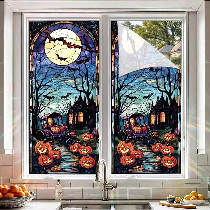 Halloween Stained Glass Window Film 17.71x39.97 Inch Pumpkin Carriage Ghost - Image 5