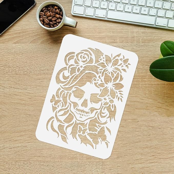 1pc Skull Lady with Flowers on Head Journal Stencil - Image 4