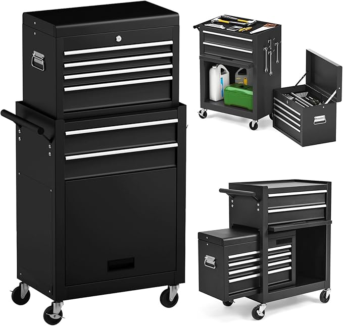 S AFSTAR 6-Drawer Rolling Tool Chest, High Capacity Tool Storage Cabinet with 4 Hooks, Locking System and Universal Wheels, 2-in-1 Detachable Large Toolbox for Garage Workshop (Black)