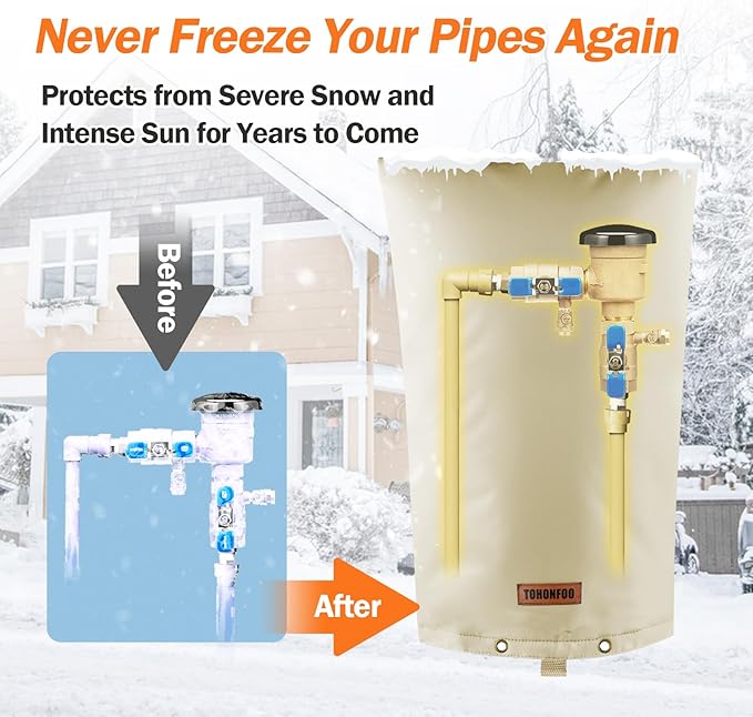 Backflow Preventer Pipe Insulation Cover (5°F) - Irrigation Sprinkler Valve Insulated Pouch - Water Well Pump Cover - Sturdy 5 Layers for Winter Freeze Protection, 16" W x 34" H, Beige