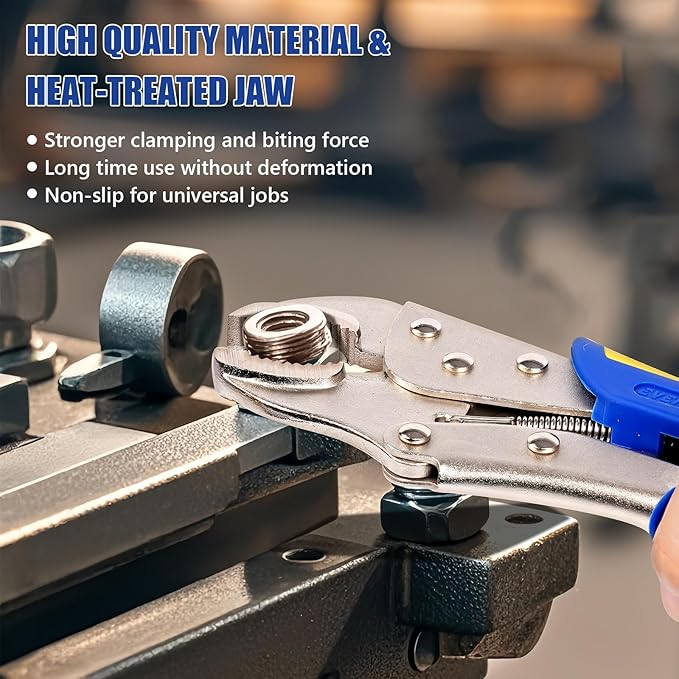 6-Piece Locking Pliers, Heavy Duty Vice Grips Set, 5", 7" & 10" Curved Jaw & 6-1/2" & 9-1/2" Long Nose, 6" C-Clamp, for Welding and Metal Bending.