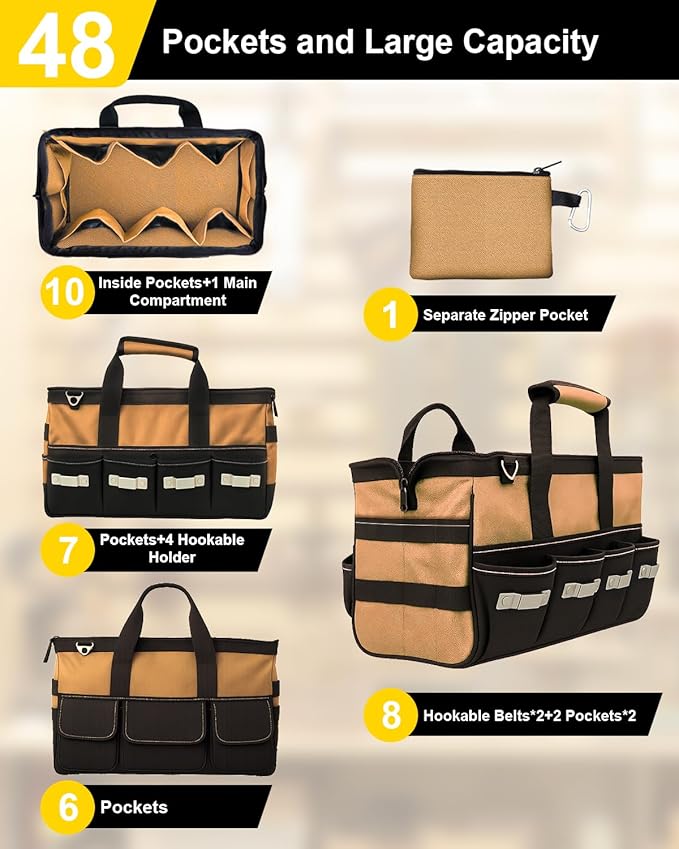 12 Inch Small Tool Bag-48 Pockets,1680D Tear&Abrasion Resistant,Includes Tool Pouch,Tool Belt,Magnetic Wristband&Adjustable Shoulder Strap | Tool Organizer(Brown)
