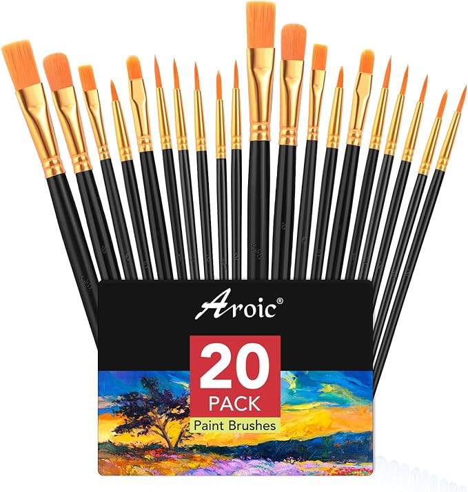 AROIC Acrylic Paint Brush Set, 2 Packs / 20 pcs Nylon Hair Brushes by AROIC