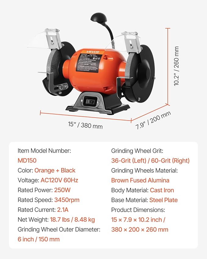 VEVOR Bench Grinder, 6-inch Single Speed Bench Grinder, 3450RPM High-Speed Table Grinders with 250W 2.1A Induction Motor, 36/60-Grit Grinding Wheels & LED Work Light for Fast Sharpening Grinding
