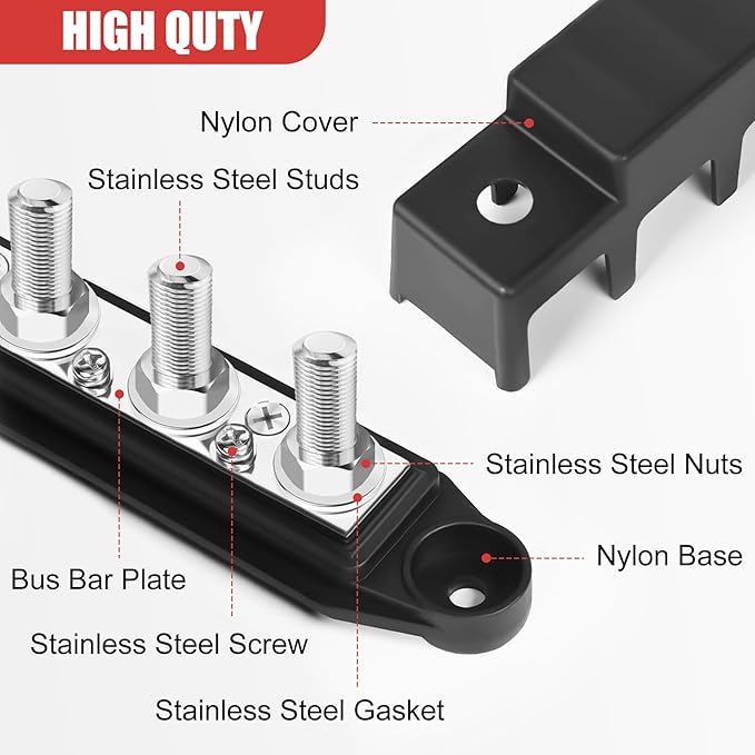 Bus Bar 12v Power Distribution Block 250A Bus Bar with 4 x 5/16" Studs Marine Battery Busbars Terminal Ground Distribution Block with Cover for Automotive, Boat, Car, Solar Wiring (Pair, Red & Black)
