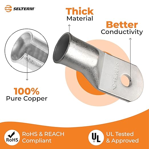 SELTERM 5pcs 4/0 AWG (XL) 5/16" Stud Tinned Copper Wire Lugs,Battery Lugs,Ring Terminals, Battery Cable Ends, 0000 Gauge Ring Terminal Connectors,UL Marine Grade Electrical Battery Terminal Connectors