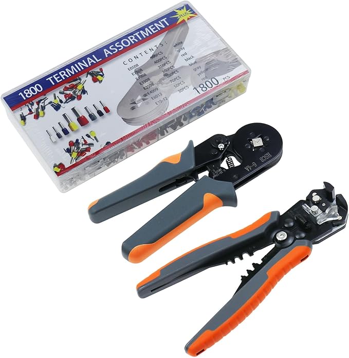 Wire Stripper and Crimping Tool, Automatic wire stripper for AWG10-24 (0.2-6mm2) coils, Self-Adjustable Ratchet Wire Ferrule Plier (6-4A) for AWG23-7 (0.25-10mm²) Terminals and 1800PCS Wire Terminals