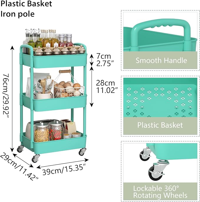 Sywhitta 3-Tier Plastic Rolling Utility Cart - Image 2
