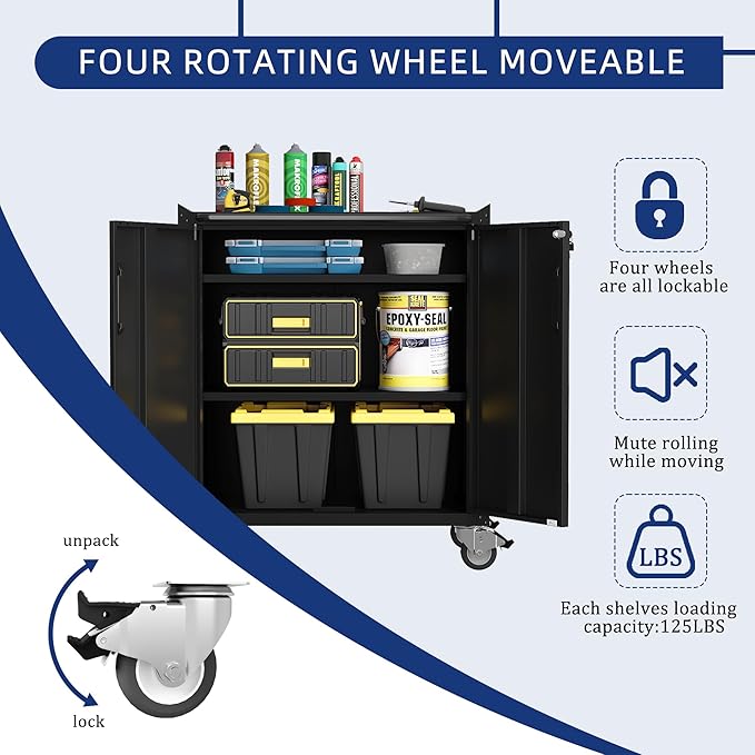 Metal Garage Storage Cabinet with Wheels,Locking Rolling Tool Cabinet with Drawers and Shelves for Home, Office, Garage & Workshop