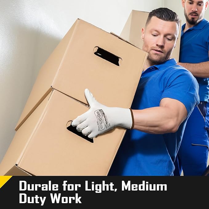 COOLJOB 12/60 Pairs Safety Work Gloves Pack Bulk with Grip PU Coating, 13 Gauge Seamless Knit Gloves with Polyurethane Dipped for Warehouse Working, Breathable Lightweight for Men Women, White Large
