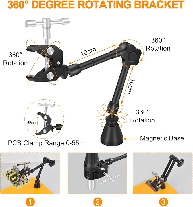 Magnetic Helping Hands Soldering Third Hand with 3X & 6X LED Magnifying Lamp, Hot Air Gun Holder,12V Solder Fume Extractor, Extra Large & Heavy Duty Base, Four Arms Solder Station for Soldering PCB