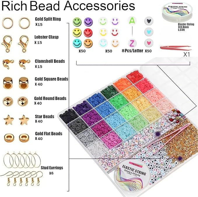YMSDZHL 6000+PCS Clay Beads Bracelet Making Kit, 24 Color DIY Flat Preppy Beads - Image 3