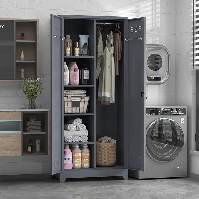 72.8" H Metal Storage Cabinet with Lockable Doors, Functional Garage Storage Cabinets, Cleaning Supply Tool Cabinets with Removable Pegboard Hanging Rod & S-Hooks, Grey
