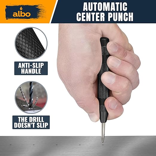 ALBO Automatic Center Punch Tool – 5 Inch Spring Loaded Punch for Metal, Wood & Steel – Heavy Duty Drill Punch – Blackened Finish, Precision Tip for Accurate Marking in Workshop (2pcs)