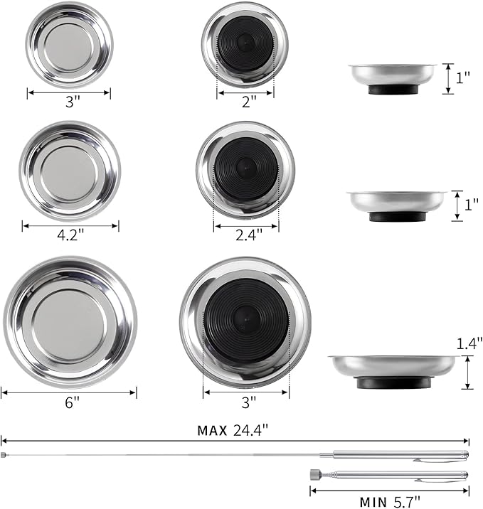 3 Pieces Magnetic Tool Trays with 5LBs Telescoping Magnetic Pick-up Tool Set, 3" 4" 6" Stainless Steel Magnet Tray Parts Holder for Screws, Mechanic's