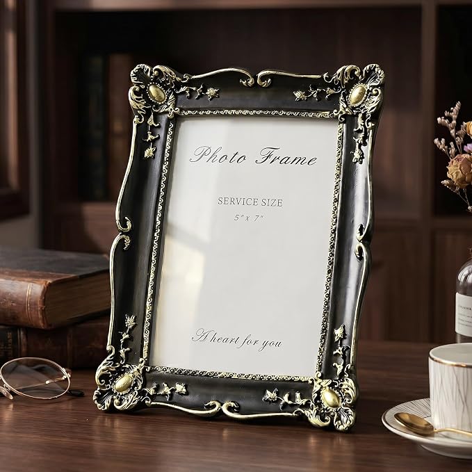 Cuspin Vintage 5x7 Picture Frame Black and Gold, Ornate Resin Photo Frame - Image 2