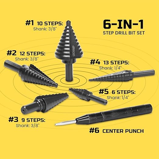 Lichamp Step Drill Bit Set for Metal Sheet Heavy Duty, 5-Piece Premium M2 HSS Step Up Down Drill Bits Stepper Unibit for Steel Hole, 50 Sizes from 1/8 to 1-3/8 inches