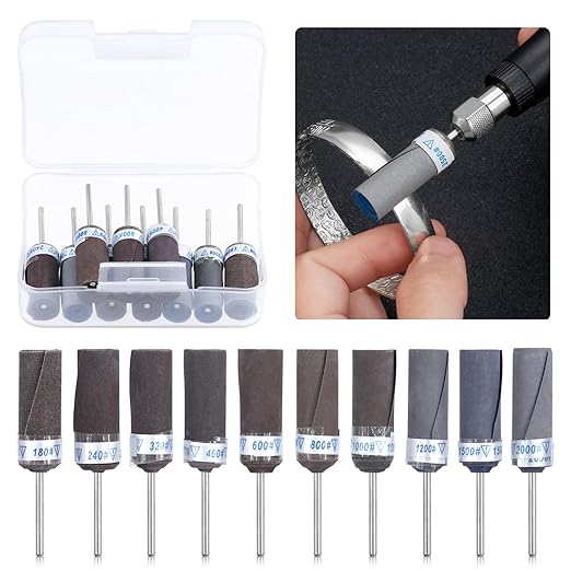 Glarks 10Pcs Sanding Drums Sleeves Polishing Rolls, Abrasive Grinding Head Sandpaper Bar Sticks, 180/240/320/400/600/800/1000/1200/1500/2000 Grit Cylinder Polishing Grinding Mounted Sanding Points