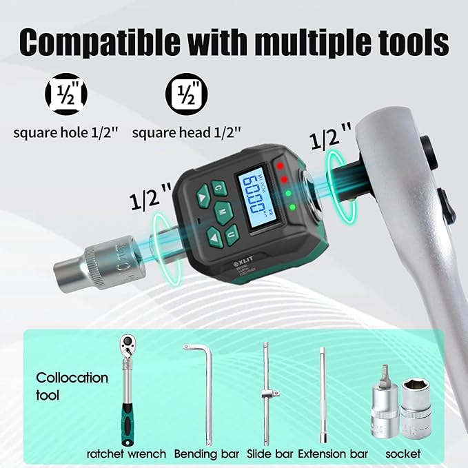 1/2-Inch Drive Digital Torque Adapter, 2.2-44.2 ft-lb (3-60 Nm), ±2% Accuracy - Electronic Torque Meter Gauge & Checker with Buzzer & LED Alerts for Automotive, Motorcycle, Bicycle Repair