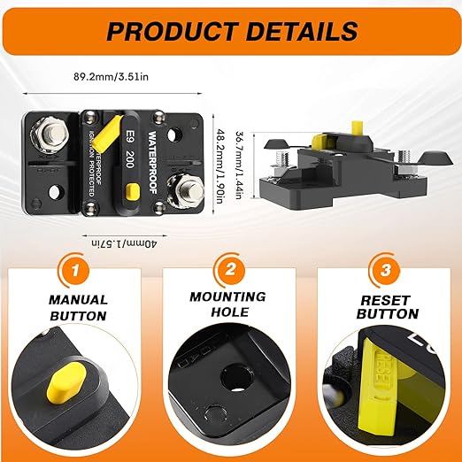 E93 Circuit Breaker Waterproof IP67 25A-300A Extended Surface Mount with 3/8" Diagonal Studs Hi-Amp Marine RV Truck Protector (175A)