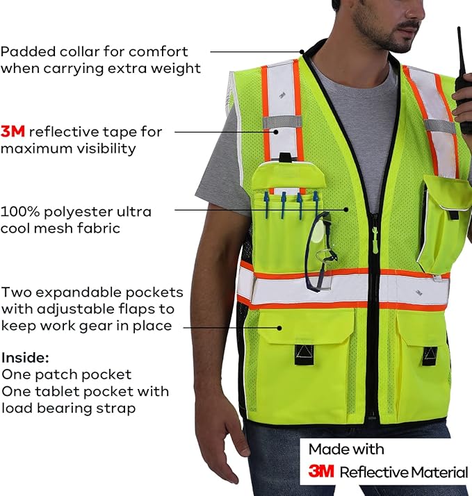 Neopelta Reflective Safety Vest Yellow Mesh, Made with 3M Reflective Tape, Heavy Duty Vest with ID pocket, Padded Neck, Yellow M