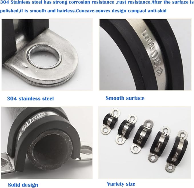 10pcs 120mm 2 Hole U-Tube Strap Clamp, 304 Stainless Steel with EPDM Rubber Lined Clip, Double-Layer Gaskets Rubber Cushioned Insulated Clamp for Tube, Pipe or Wire Cord Installation