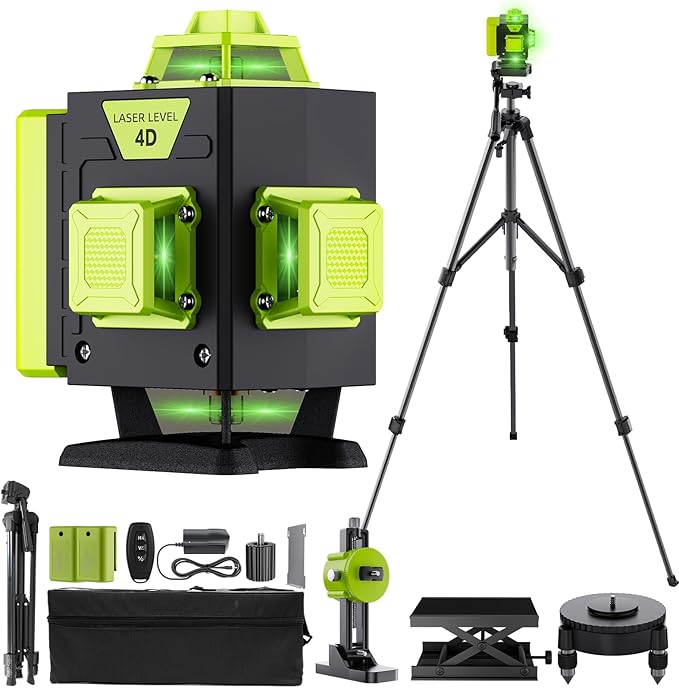 Laser Level with Tripod, 16 Line 360° Self-Leveling 4D Green Cross Line Laser with 2 Batteries, Aluminum Stand, Adjustable Brightness, Magnetic Bracket, Remote Control