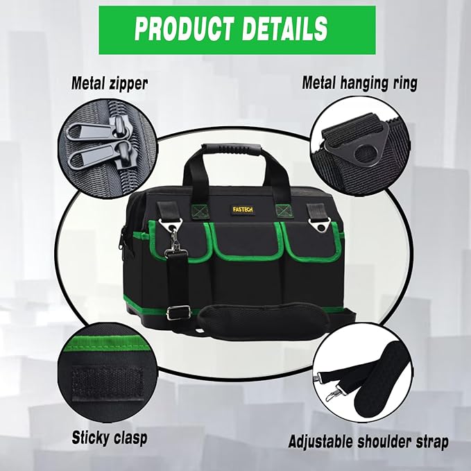 18 Inch Tool Bag With Molded Base and Comfortable Shoulder Straps, Waterproof Wide Mouth Tool Kit, Tool Storage Package For Men/Women (Green18IN)