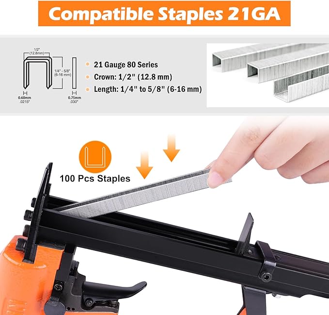 KN8016S 21 Gauge Pneumatic Upholstery Stapler for 80 Series Staples with 1/2" Crown Continuous Firing Mode Air Power Upholstery Staple Gun Fine Wire Stapler, DIY, Renovation, Furniture