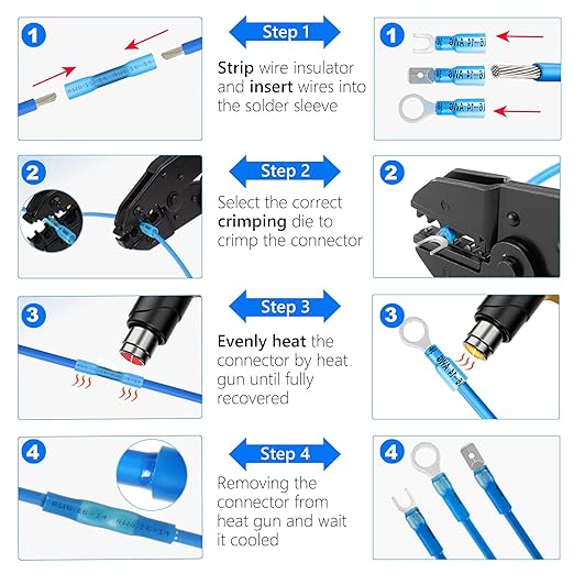 Kuject 1000PCS Heat Shrink Wire Connectors Kit, Electrical Waterproof Crimp Butt Terminals, Insulated Spade Connectors for Automotive Marine Boat Truck, Include Rings Forks Spade Butt Splices