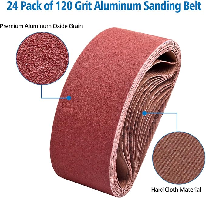 3 x 21 inch Belt Sander Sanding Belts, 120 Grit 3 inch x 21 inch Aluminum Oxide Belt Sander Belt for Belt Sander, 24 Pack(3x21in, 120 Grit)