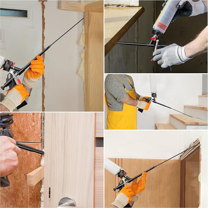 Lytool 2pcs Spray Foam Gun Kit with 12.6" Extension Rods and 15.7" Cleaning Brushes Copper Nozzle PTFE Coated Barrel Adjustable Caulking Gun for Insulation and Sealing Compatible with PU Foam Cans
