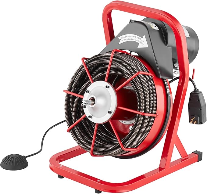 VEVOR Drain Cleaner Machine 75FT x 1/2 Inch, Sewer Snake Auger Manual Feed, 370W Electric Drain Cleaning Machine with 4 Cutters & Air-activated Foot Switch for 2" to 4" Pipes