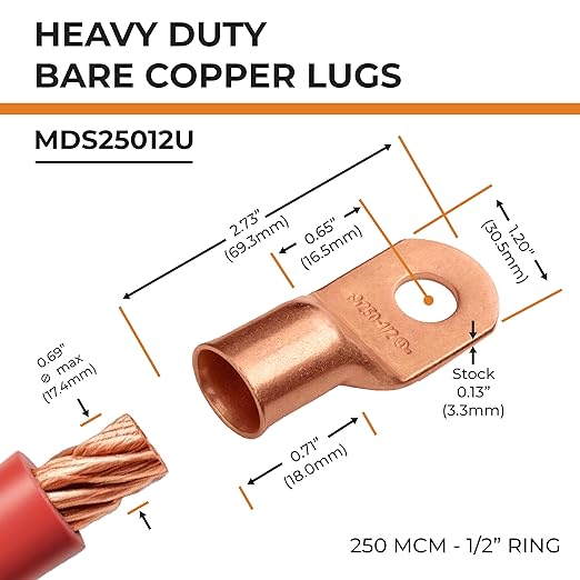 SELTERM 2pcs 250 MCM 1/2" Stud Copper Wire Lugs, Battery Cable Ends, 250 kcmil Ring Terminal Connectors, UL Heavy Duty Bare Copper Eyelets for Battery Terminal