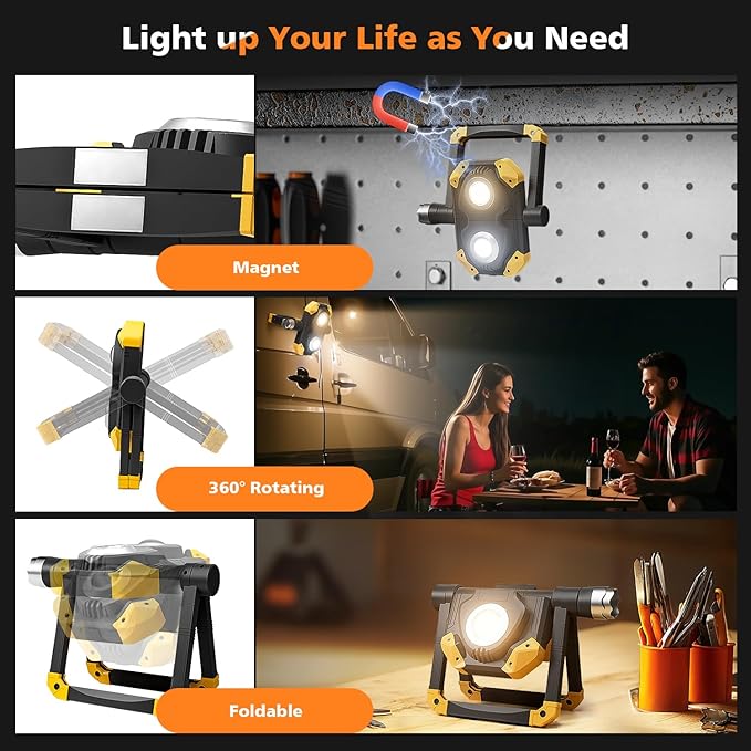 Samyoung 2 Pack Magnetic 2500 LM Rechargeable Work Light, 10 Hours Long Lasting 360° Rotating LED Work Light Folding Waterproof for Job Site Car Inspection Camping Emergency