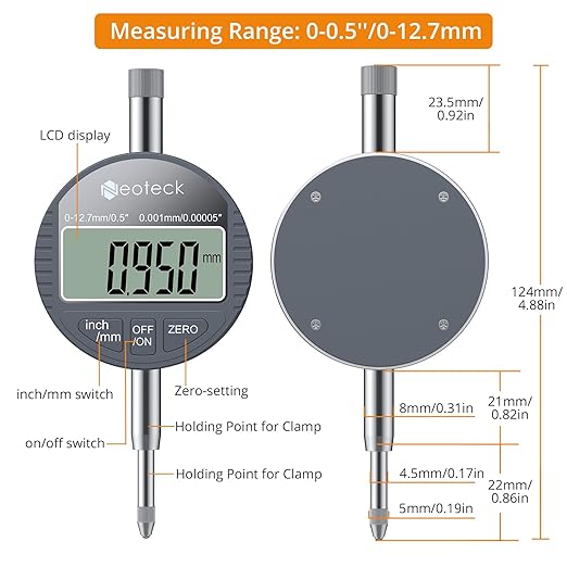 Neoteck DTI Digital Dial Indicator 0.5 inch/12.7mm, High Resolution: 0.00005 inch/ 0.001mm, Digital Probe Indicator Dial Test Gauge