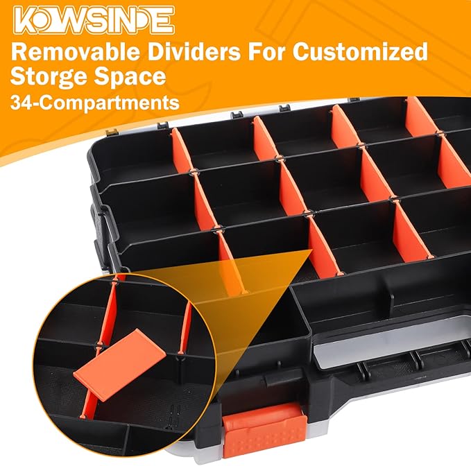 Double Side Tool Organizer, Hardware Storage Box, 34-Compartments Small Parts Organizer with Removable Dividers for Screws, Nuts, Nails, Bolts