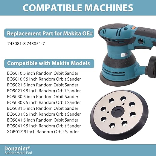 5 Inch 8 Hole Hook and Loop Metal Orbital Sander Pad Compatible with Makita BO5010 BO5030 BO5031 BO5041 XOB01Z Random Orbital Sander, 3 Screw Holes Sanders Replacement Pad Part for 743081-8 743051-7