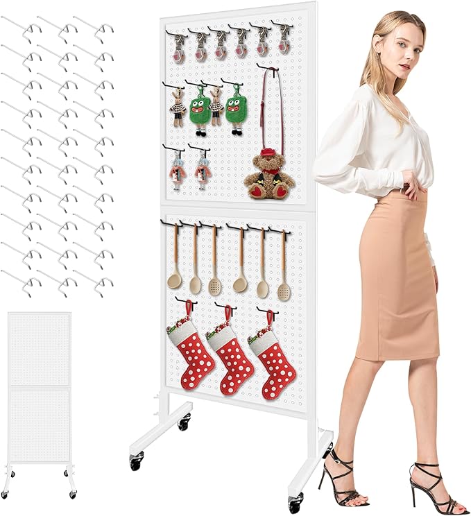 Royxen Metal Pegboard 2 x 5 Feet with 30 Hooks, Peg Board Display Stand with Wheels, Standing Pegboard Display, White