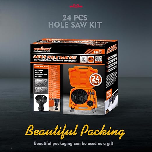 HORUSDY Hole Saw Set 24PCS Hole Saw Kit,Hole Saw Drill Bit Kit, 3/4"-6" (19-152mm) 17PCS Saw Blades, 2 Mandrels, 3 Drill Bit, Installation Plate, Hex Key, For Drywall, Soft Wood, Plywood, Plastic, PVC